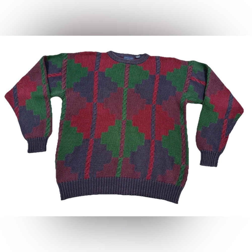 Northern Isles- Vintage Geometric Sweater Purple Green Red 85% Ramie Cotton (XL)
